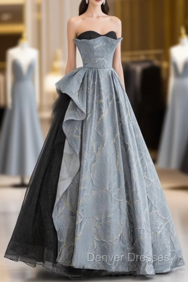Glam A-line Blue-Grey Sweetheart Long Party Dress, Floor Length Tulle Prom Dress Formal Dress