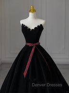 Glam Black V-Neckline Velvet Lace-Up Party Dress, Black Velvet Floor Length Prom Dress