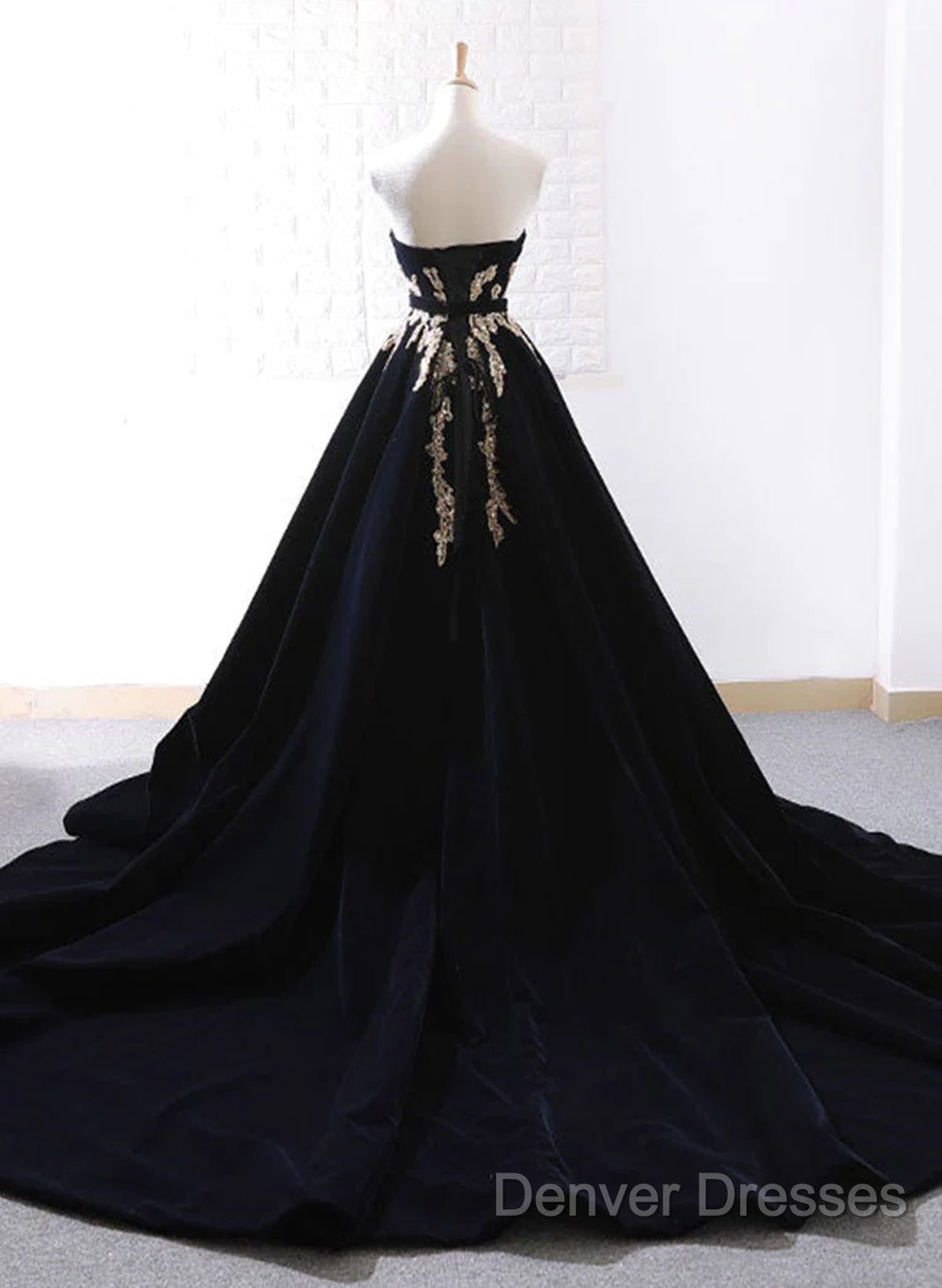 Glam Black Velvet Long Formal Gown With Gold Lace, Black Velvet Prom Dress Evening Dress Secondary image