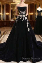 Glam Black Velvet Long Formal Gown With Gold Lace, Black Velvet Prom Dress Evening Dress