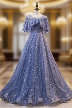 Glam Blue Off Shoulder Lace-up Long Evening Dresss Party Dress, Blue Wedding Party Dress Prom Dress