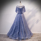 Glam Blue Off Shoulder Lace-up Long Evening Dresss Party Dress, Blue Wedding Party Dress Prom Dress