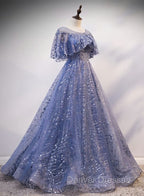 Glam Blue Off Shoulder Lace-up Long Evening Dresss Party Dress, Blue Wedding Party Dress Prom Dress
