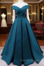 Glam Blue Satin Long Off Shoulder Party Dress, A-line Prom Dress