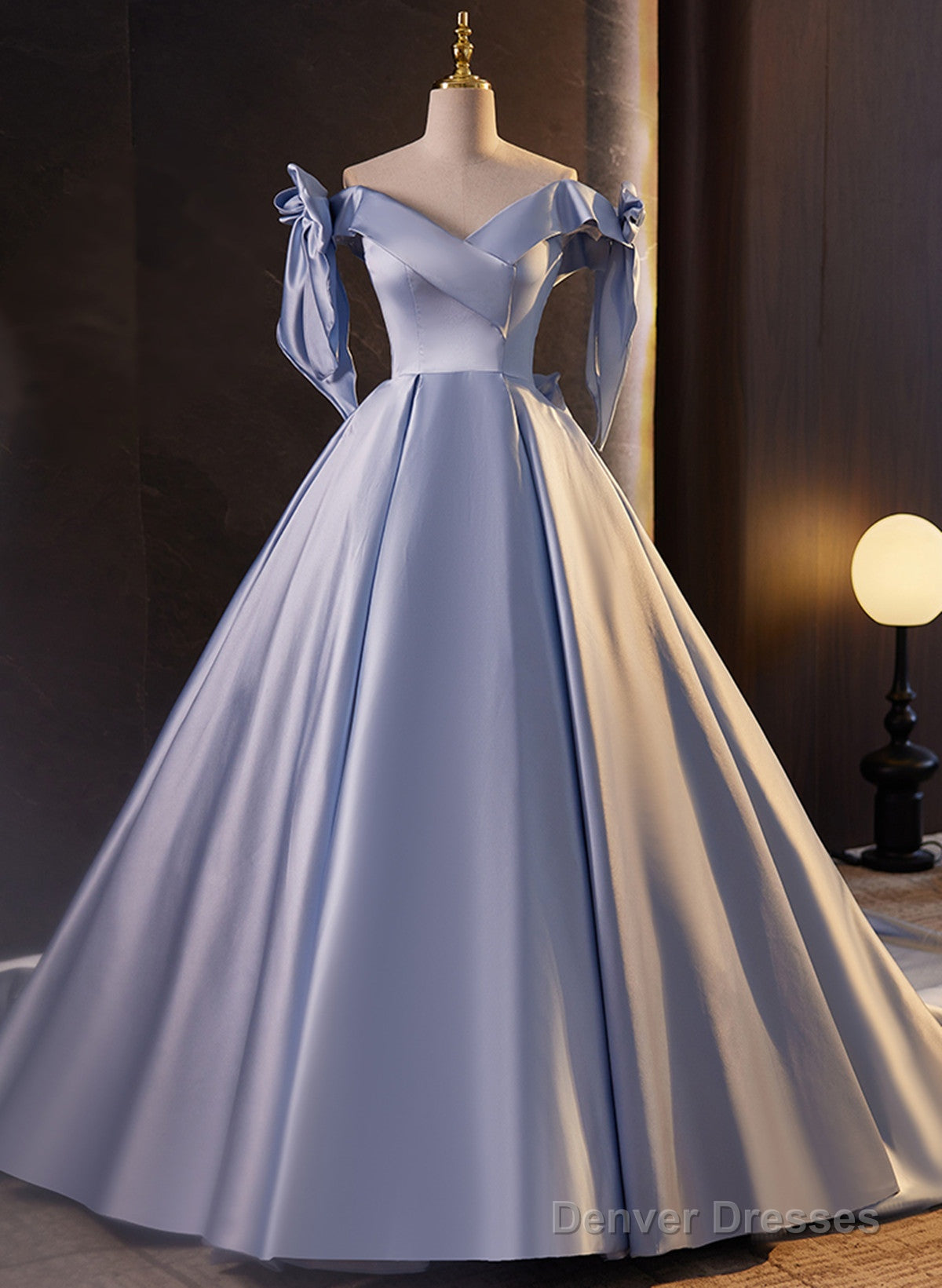 Glam Blue Satin Off Shoulder Long Party Dress Formal Dress, Blue Sweet 16 Dress Main image