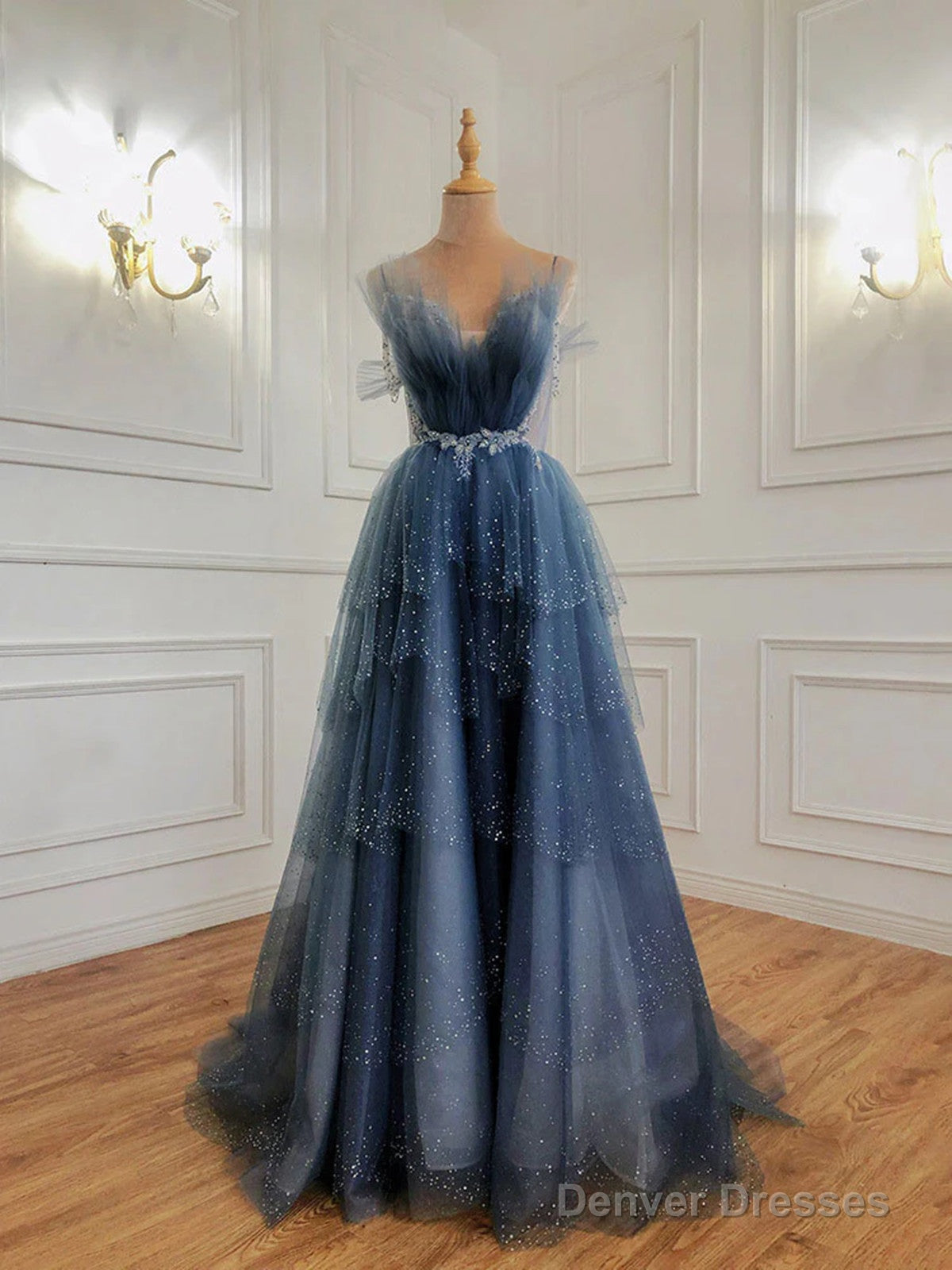 Glam Dark Blue Beaded Long Tulle Party Dress, Dark Blue Prom Dress