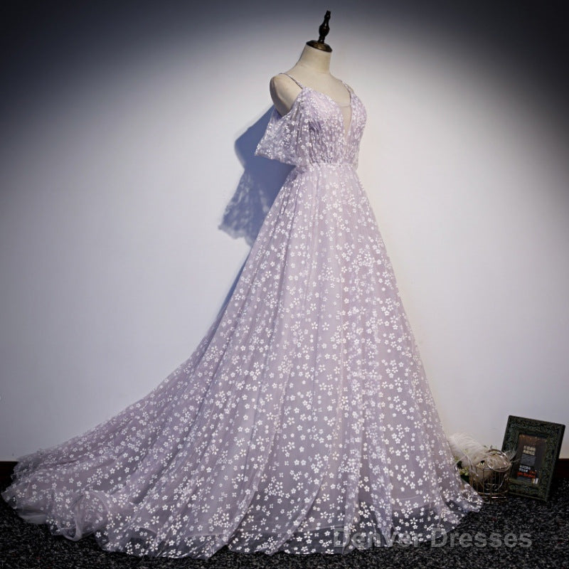 Glam Floral Tulle Off Shoulder Long Party Dress Formal Dress, Tulle Wedding Party Dresses Secondary image