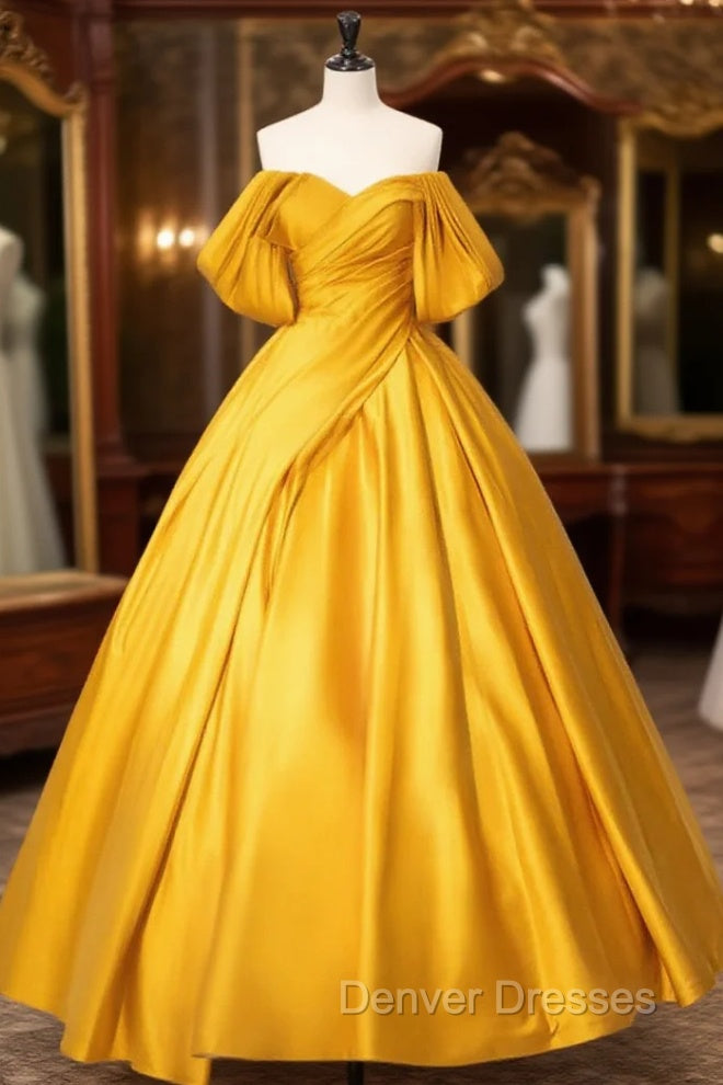 Glam Gold Satin Ball Gown Floor Length Formal Dress, Gold Prom Dress Party Dress Main image