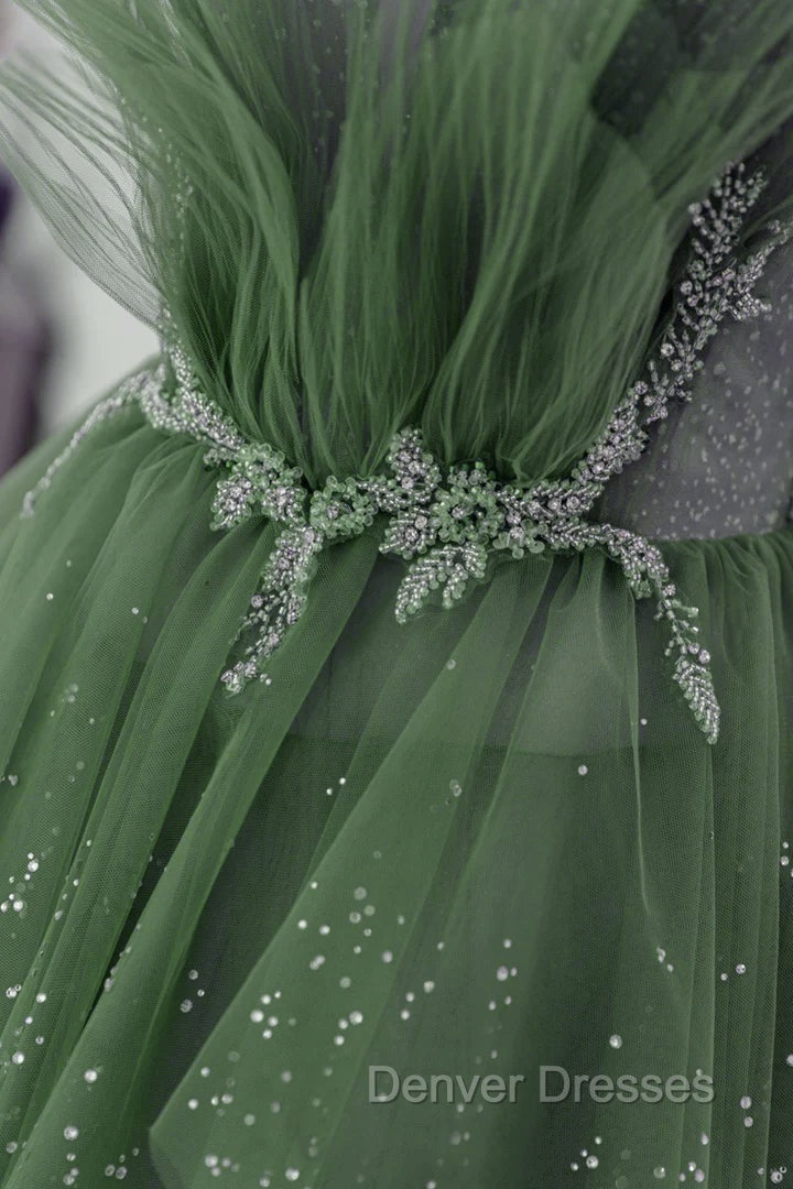 Glam Green Layers Tulle Straps Beaded Long Party Dress, Green Long Formal Dress Secondary image