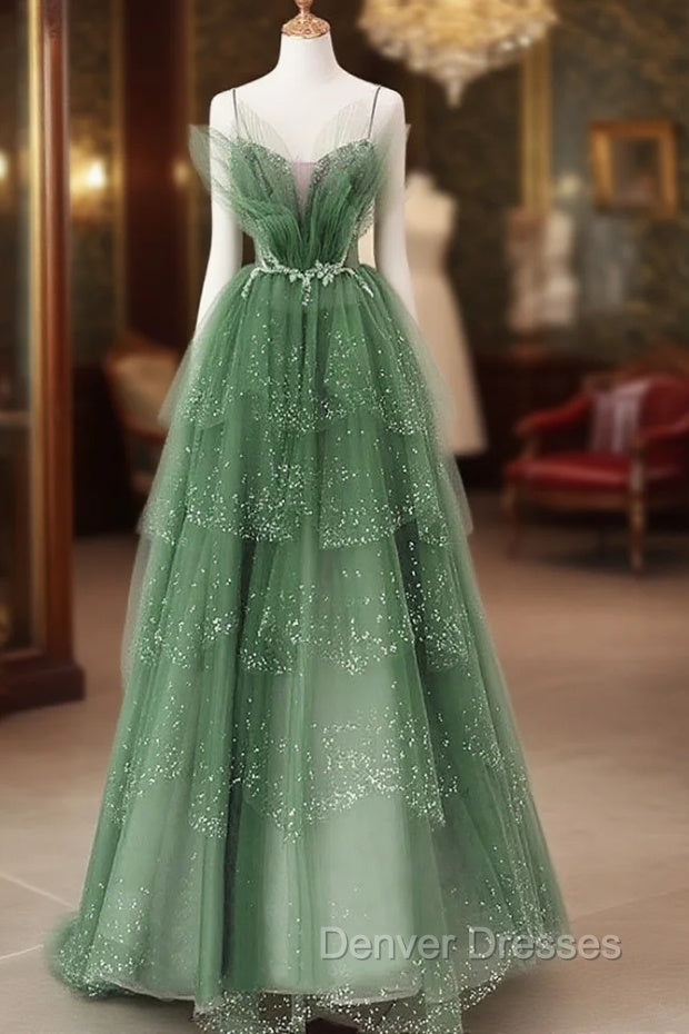 Glam Green Layers Tulle Straps Beaded Long Party Dress, Green Long Formal Dress Main image