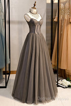Glam Grey Beaded Tulle Long Evening Dress Party Dress, A-Line Straps Evening Formal Dress