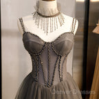 Glam Grey Beaded Tulle Long Evening Dress Party Dress, A-Line Straps Evening Formal Dress