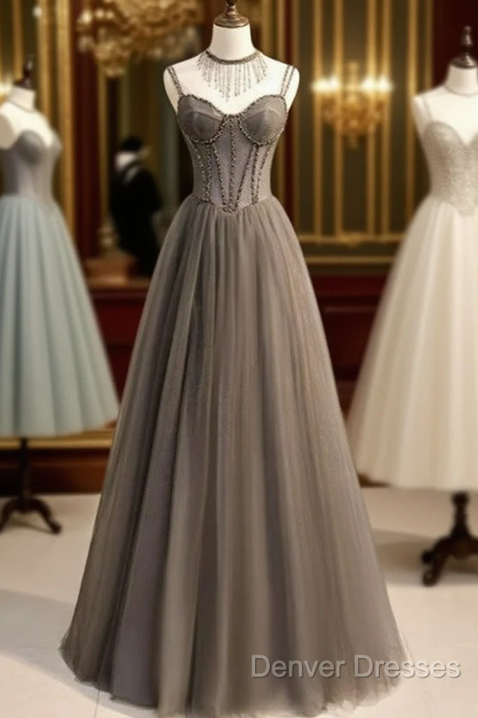 Glam Grey Beaded Tulle Long Evening Dress Party Dress, A-Line Straps Evening Formal Dress Main image