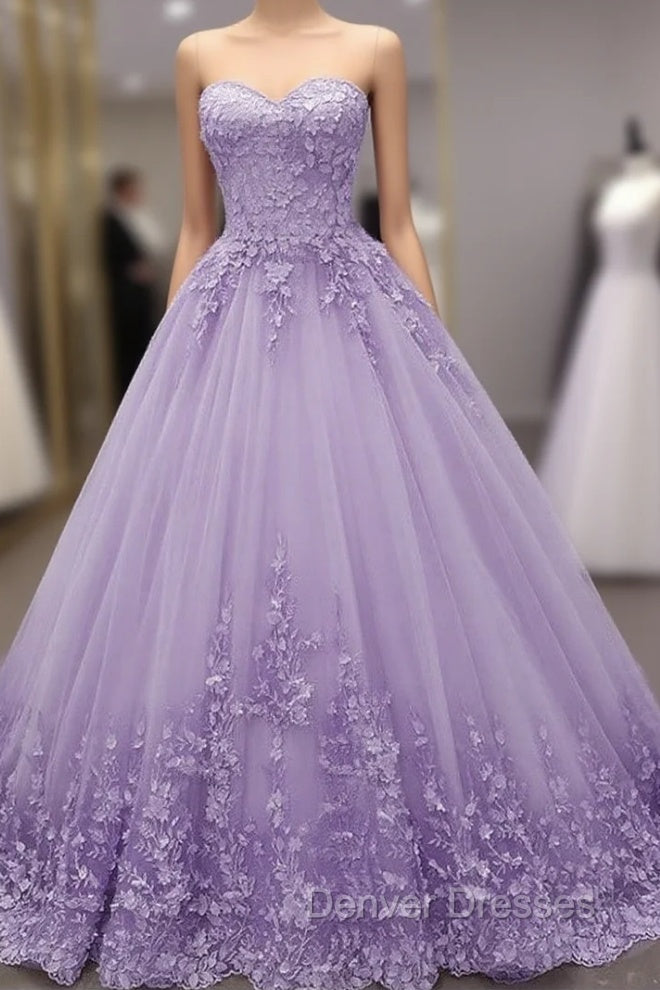 Glam Light Purple Sweet 16 Gown Tulle with Lace Applique, Lavender Tulle Formal Gowns Secondary image