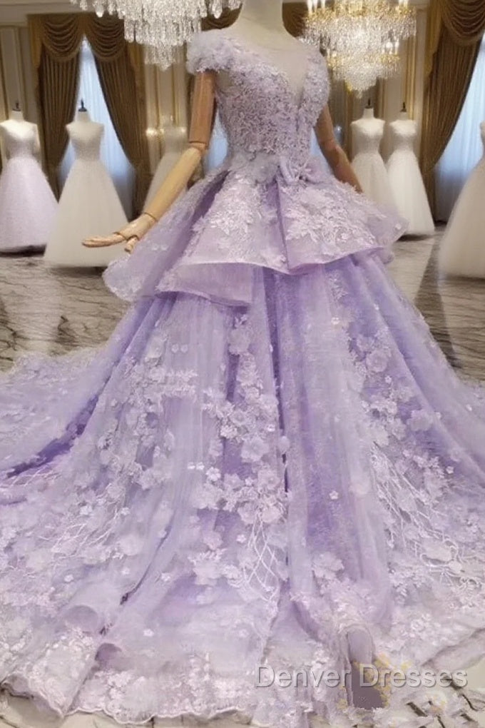 Glam Light Purple Tulle With Lace Applique Sweet 16 Dress, Light Purple Prom Dress Main image