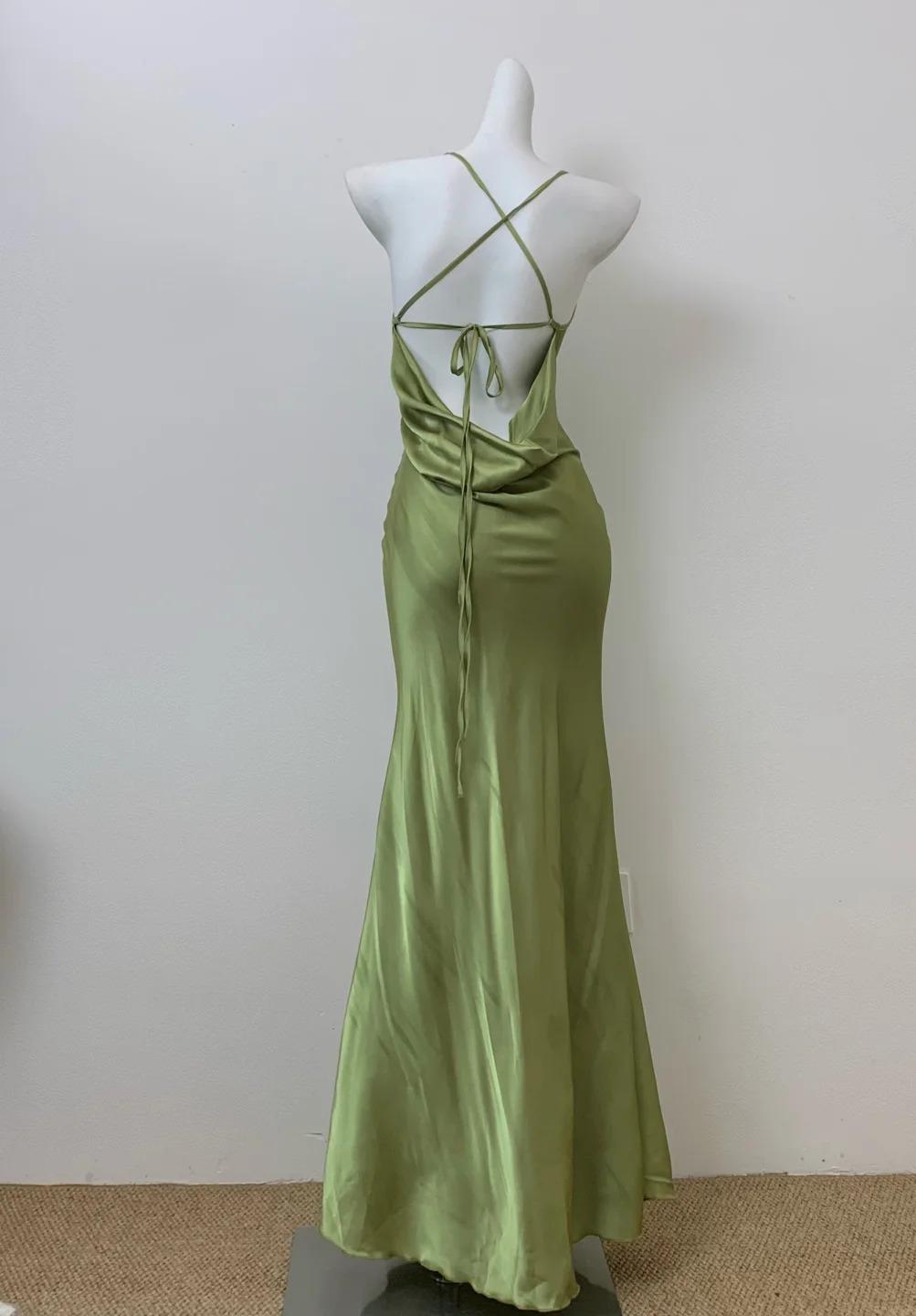 Glam Olive Green Spaghetti Straps Mermaid Satin Long Prom Dress Formal Evening Gowns With Backless Secondary image
