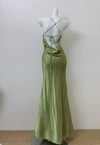 Glam Olive Green Spaghetti Straps Mermaid Satin Long Prom Dress Formal Evening Gowns With Backless