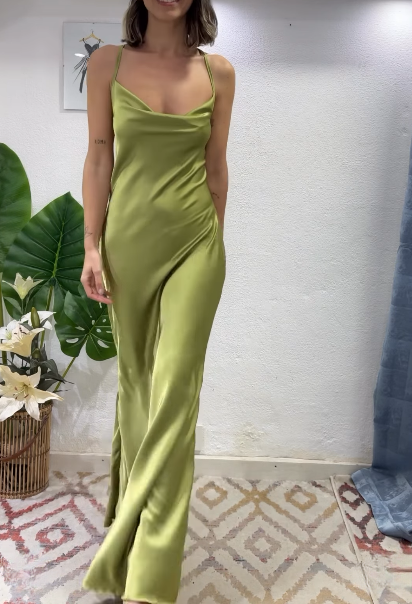 Glam Olive Green Spaghetti Straps Mermaid Satin Long Prom Dress Formal Evening Gowns With Backless