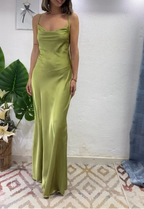 Glam Olive Green Spaghetti Straps Mermaid Satin Long Prom Dress Formal Evening Gowns With Backless