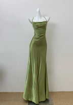 Glam Olive Green Spaghetti Straps Mermaid Satin Long Prom Dress Formal Evening Gowns With Backless