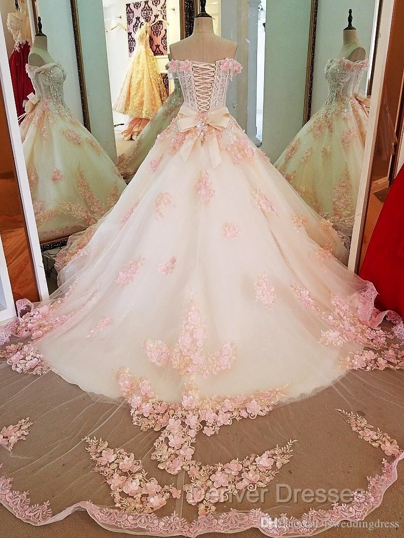Glam Pink Flowers Tulle Off Shoulder Sweet 16 Dress, Ball Gown Formal Dress Secondary image