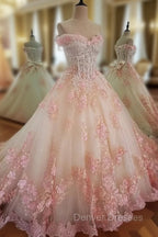 Glam Pink Flowers Tulle Off Shoulder Sweet 16 Dress, Ball Gown Formal Dress