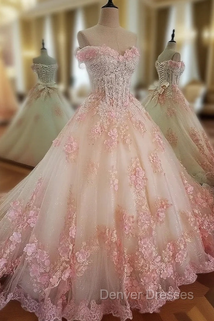 Glam Pink Flowers Tulle Off Shoulder Sweet 16 Dress, Ball Gown Formal Dress Main image