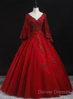 Glam Tulle With Lace Applique Ball Gown Sweet 16 Dress, Beaded Prom Dress Evening Dress