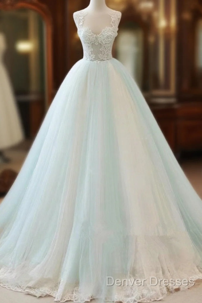 Glam White And Mint Green Tulle With Lace Party Dress, Straps Formal Dress Evening Dress Main image