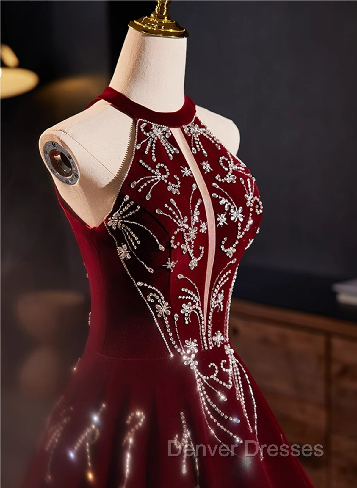 Glam Wine Red Beaded Velvet Halter Evening Dress, Wine Red Velvet Prom Dress Secondary image