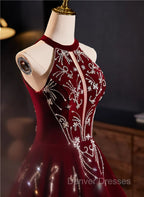 Glam Wine Red Beaded Velvet Halter Evening Dress, Wine Red Velvet Prom Dress