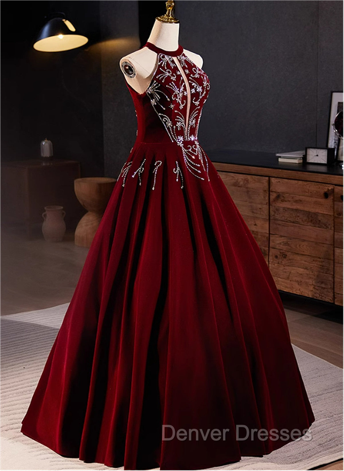 Glam Wine Red Beaded Velvet Halter Evening Dress, Wine Red Velvet Prom Dress