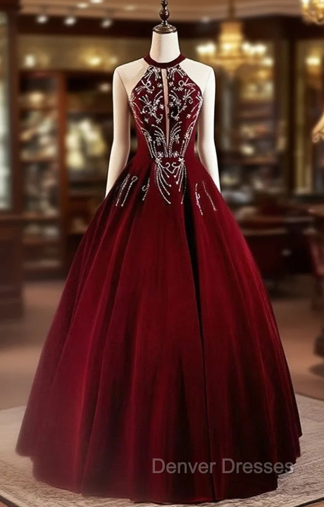 Glam Wine Red Beaded Velvet Halter Evening Dress, Wine Red Velvet Prom Dress Main image