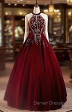Glam Wine Red Beaded Velvet Halter Evening Dress, Wine Red Velvet Prom Dress