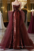 Glam Wine Red Sequins And Tulle Long Party Dress, Wine Red Evening Dress Prom Dress