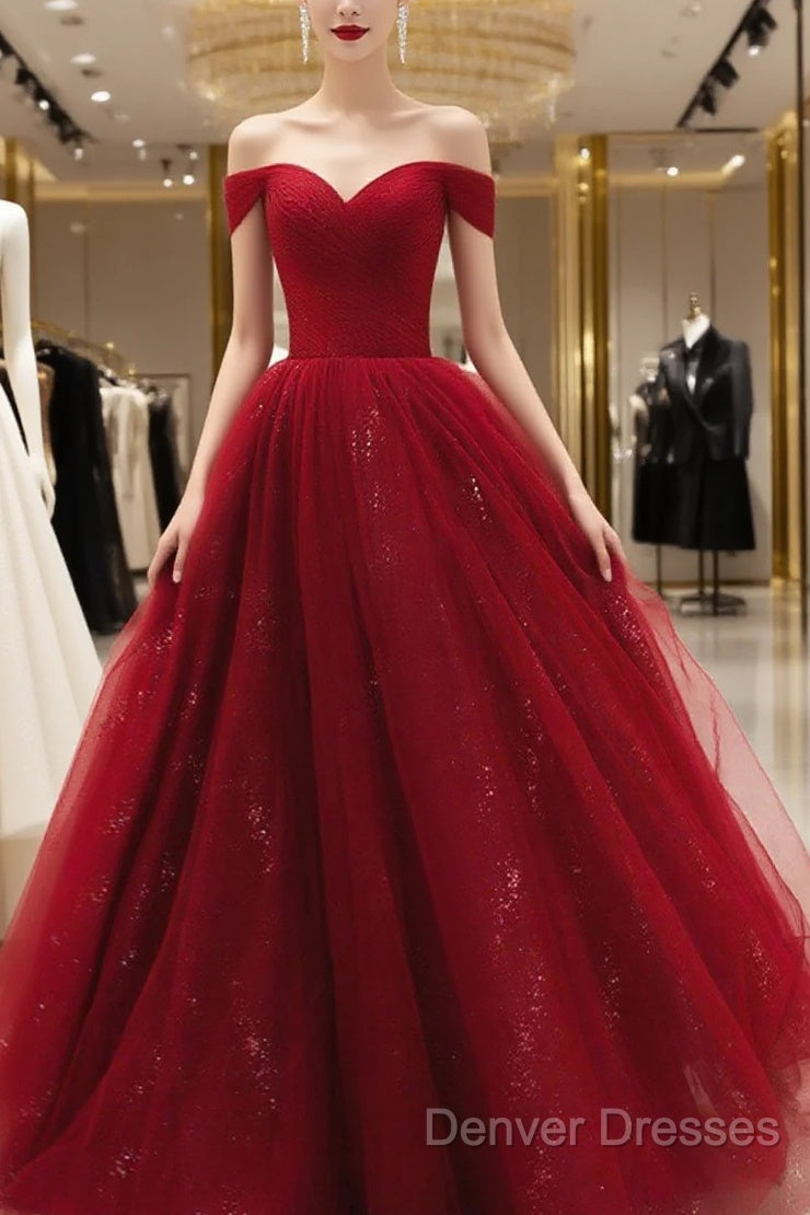 Glam Wine Red Sweetheart Tulle Shiny Long Prom Dress Party Dress, Wine Red Formal Dress