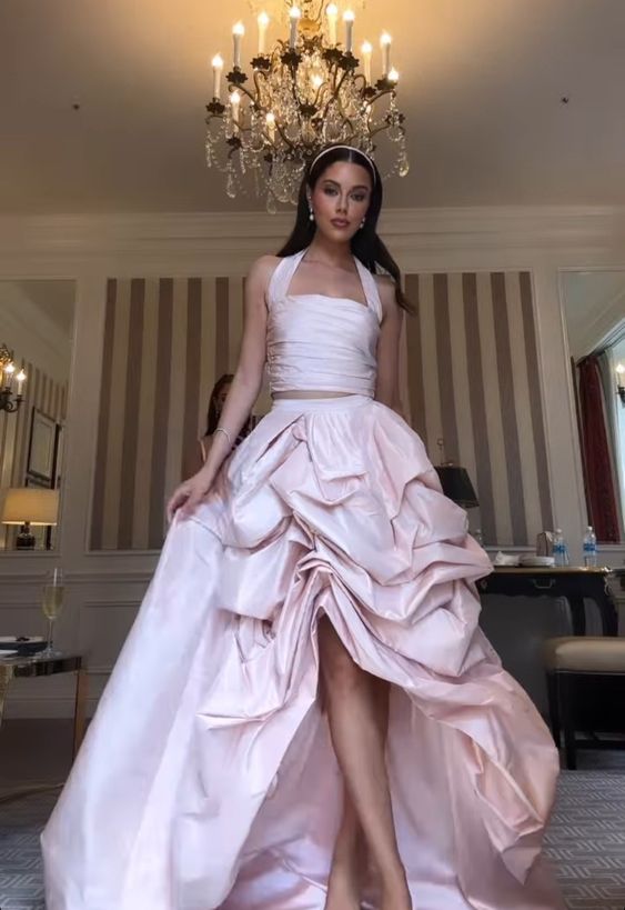 Glamorous 2 Pieces Light Pink Satin Long Prom Dress Secondary image