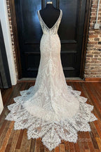 Glamorous Beige Lace V-Neck Backless Mermaid Long Wedding Dress Sexy