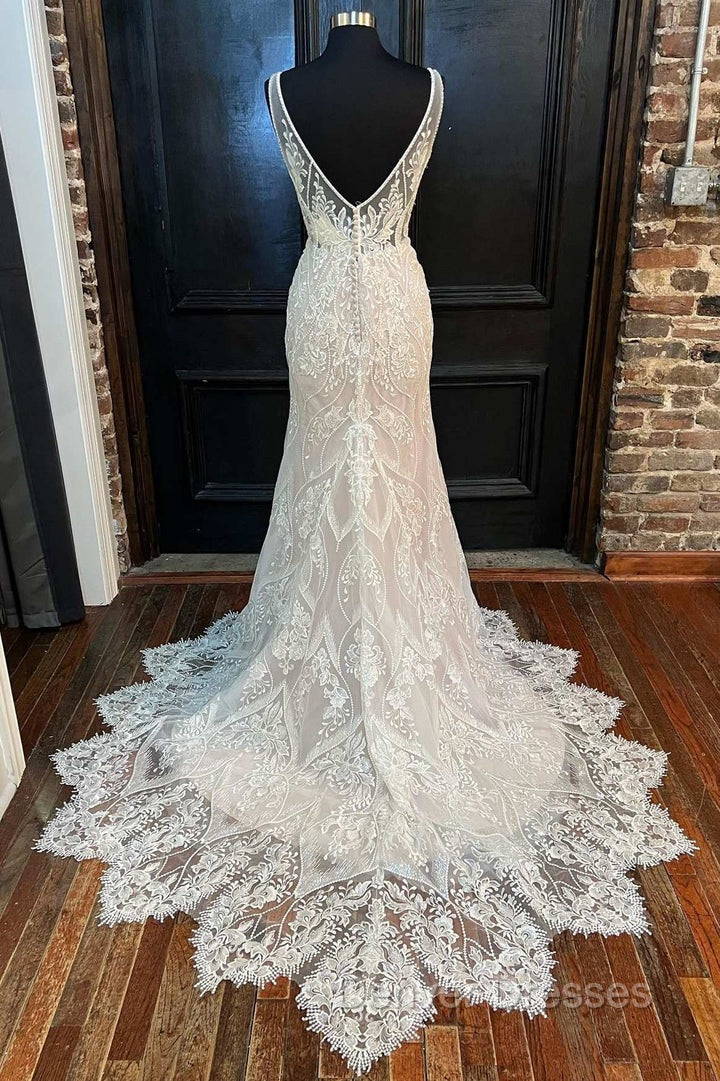 Glamorous Beige Lace V-Neck Backless Mermaid Long Wedding Dress Sexy