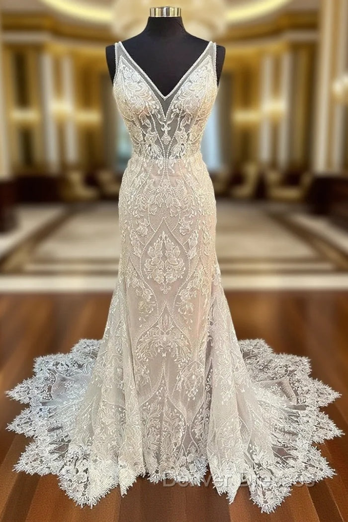 Glamorous Beige Lace V-Neck Backless Mermaid Long Wedding Dress Sexy Main image