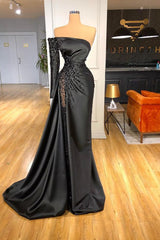 Glamorous Black Long Sleeve One Shoulder Prom Dress Beadings Evening Gowns