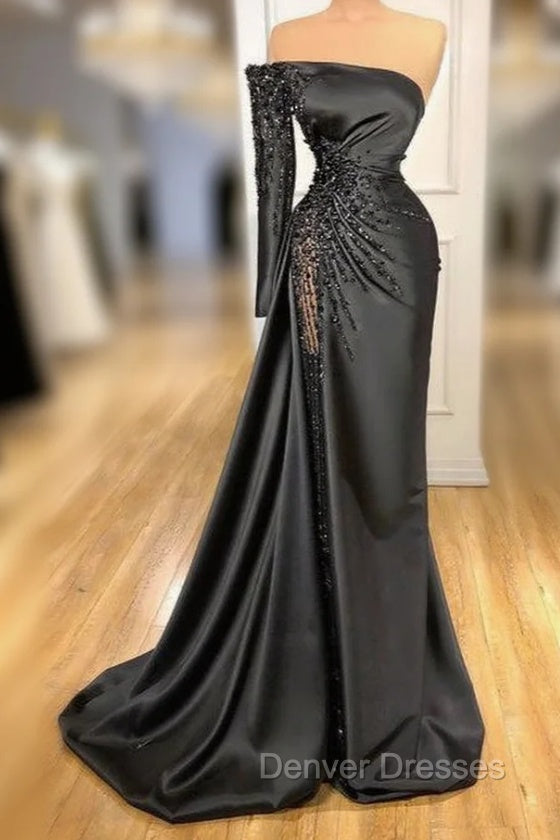 Glamorous Black Long Sleeve One Shoulder Prom Dress Beadings Evening Gowns Main image