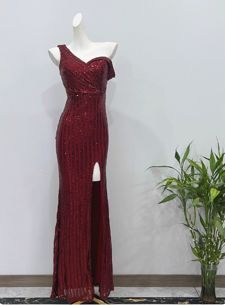 Glamorous Burgundy Slim-Fit One-Shoulder Slit Sequin Long Prom Dress Evening Dress Secondary image