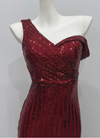 Glamorous Burgundy Slim-Fit One-Shoulder Slit Sequin Long Prom Dress Evening Dress