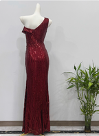 Glamorous Burgundy Slim-Fit One-Shoulder Slit Sequin Long Prom Dress Evening Dress
