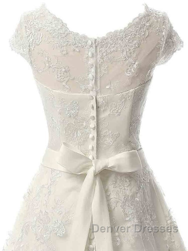 Glamorous Cap Sleeves Covered Button Ribbon Wedding Dress