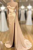 Glamorous Champagne Starpless Long Prom Dress With Split Online