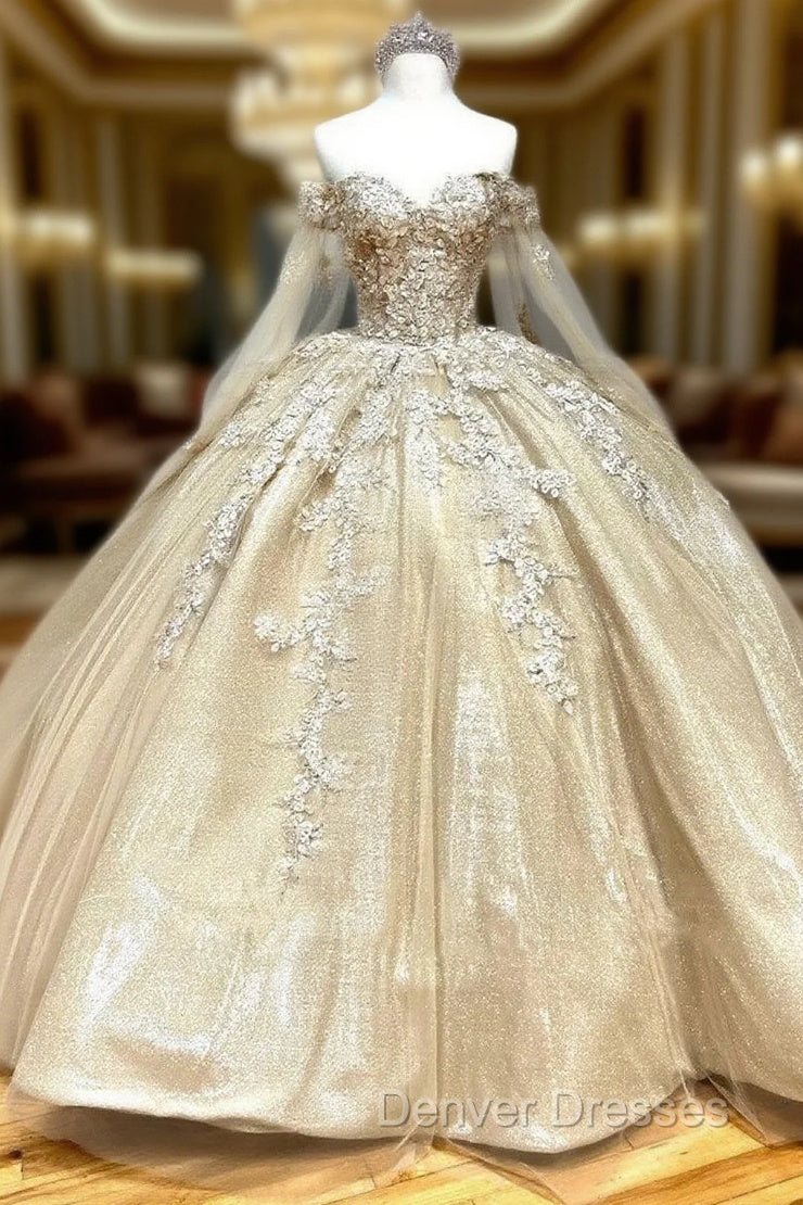 Glamorous Gold Sweetheart Ball Gown with Cape Sleeves Quinceanera Dress Main image