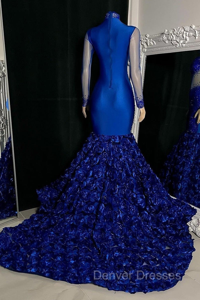 Glamorous High Neck Long Sleeves Prom Dress Mermaid Flowers Bottom With Beads