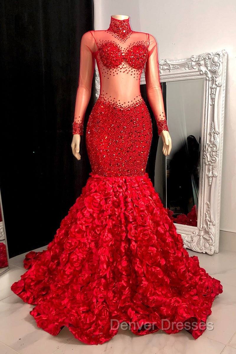 Glamorous High Neck Long Sleeves Prom Dress Mermaid Flowers Bottom With Beads